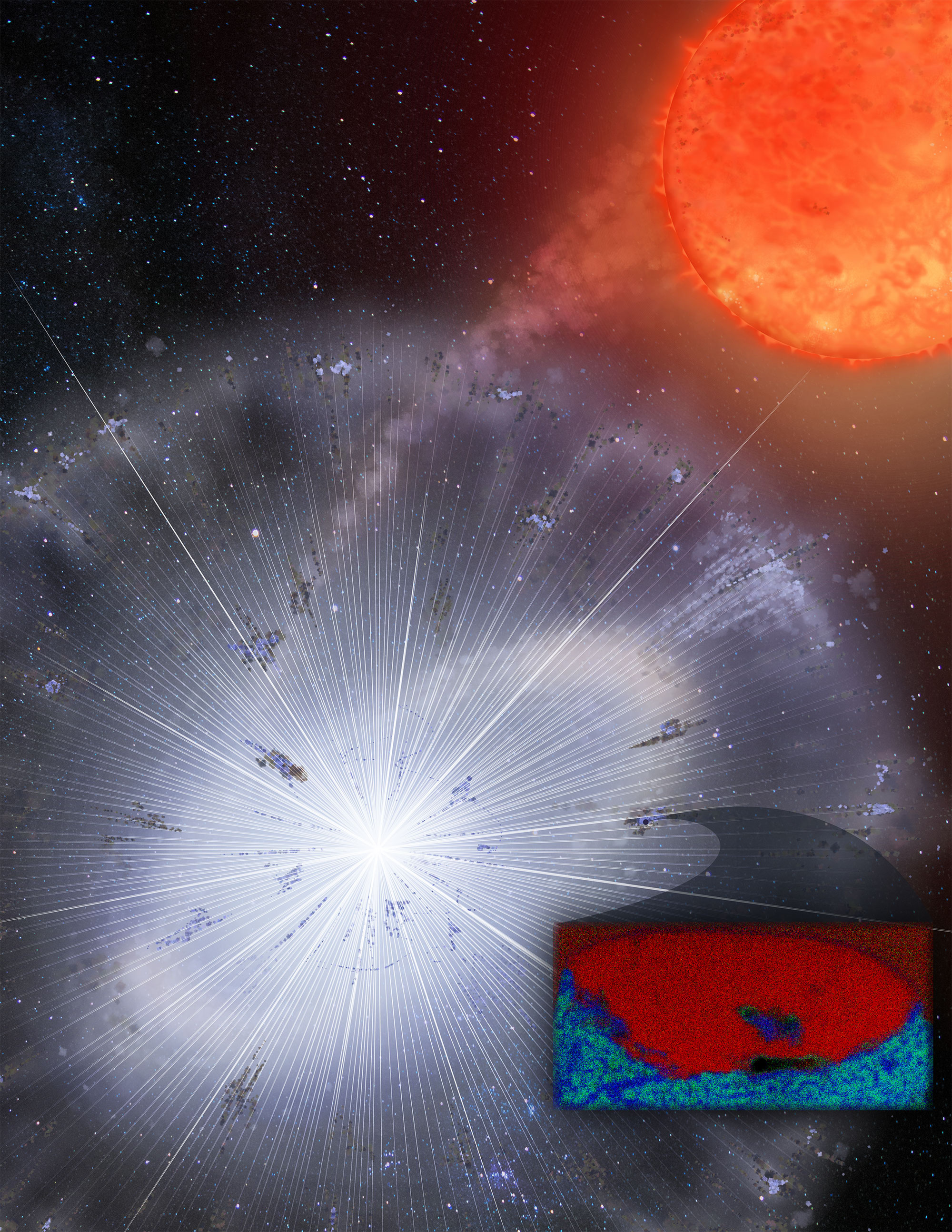 Recreació, realitzada per la Universitat d'Arizona, d'una explosió estel·lar. En el material expulsat es formen  grans de pols (imatge del requadre) amb composicions isotòpiques que no es troben en el nostre sistema solar.