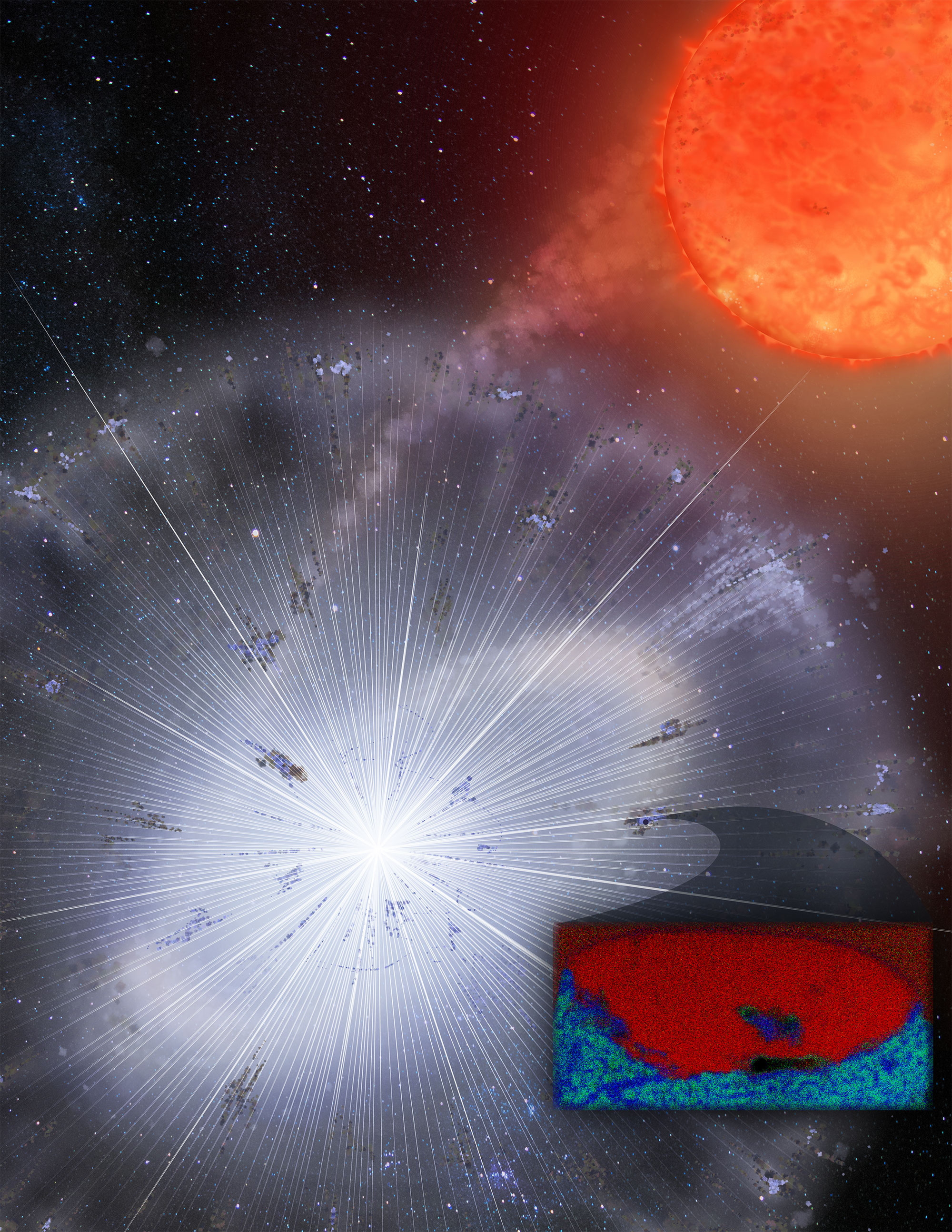 Recreació, realitzada per la Universitat d'Arizona, d'una explosió estel·lar. En el material expulsat es formen grans de pols (imatge del requadre) amb composicions isotòpiques que no es troben en el nostre sistema solar. Recreació, realitzada per la Universitat d'Arizona, d'una explosió estel·lar. En el material expulsat es formen grans de pols (imatge del requadre) amb composicions isotòpiques que no es troben en el nostre sistema solar.